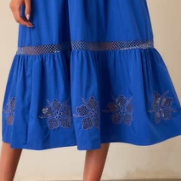 SKIES ARE BLUE Cobalt Blue Cotton Embroidered Eyelet Midi Dress XS NWT - Picture 4 of 9